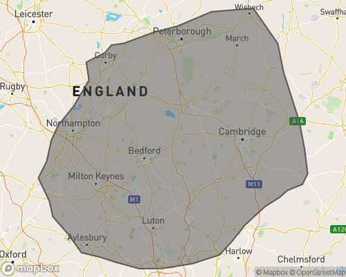 A map showing KMW Loft Ladders service area, includes Bedfordshire, Buckinghamshire, Hertfordshire, Northamptonshire, Cambridgeshire UK.